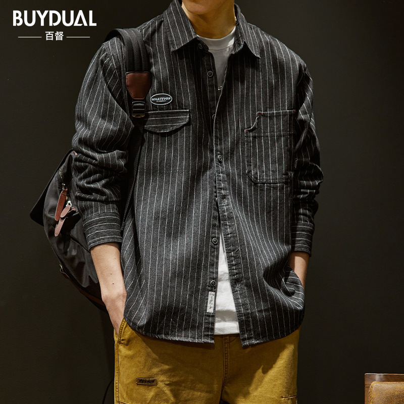 Men's Casual Shirts Bronson Wabash Striped Dotted Work Shirt Traditional Style Men's Work Wear Shoulder Straps Indigo 230408