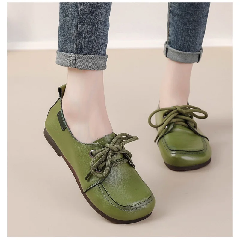 Vintage Plain Oxfords Shoes Women's Genuine 2025 Leather Flats new Ladies Lace Up Moccasins Woman Ballet Shoes Driving Loafers Elderly