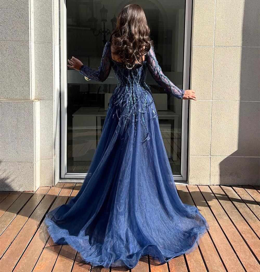 Long Sleeves Luxury Dubai Evening Dresses Women Glitter Sequin 2024 Formal Party Prom Gown High Slit Red Tulle Vestidos Bc18235 B0312