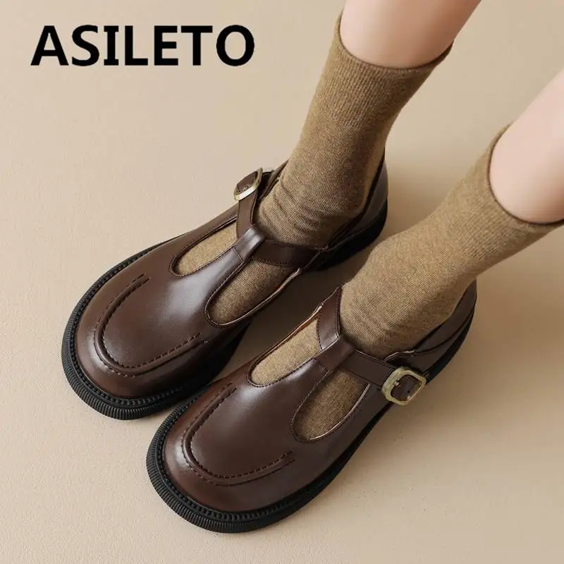 ASILETO Mary Jane 2025 Shoes For Women Round Toe Buckle T-strap new Leisure Plus Size 41 42 43 Solid Cute Concise Girls Student Flats