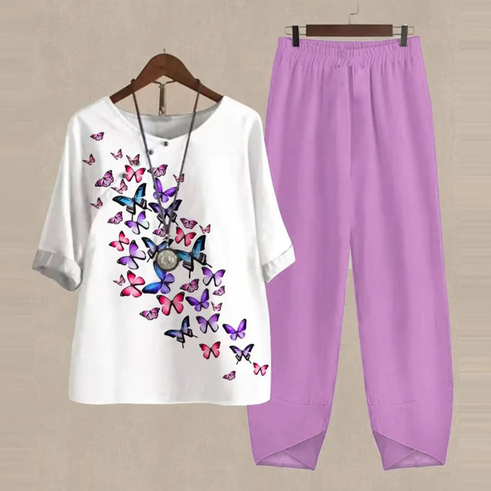 Ladies Two Piece Set Women Elegant O Neck Five Sleeve Printed Blouse Pants Two Piece Loose T Shirt High Waist Loose Pants Suit