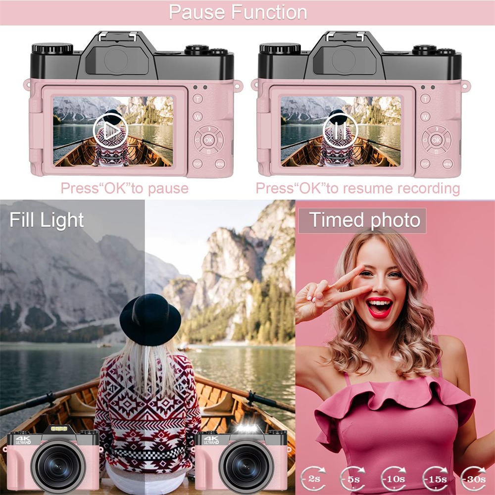 3" Flip Screen 48MP Selfie Camera 4K Macro Wide Angle Lens Vlogging Camcorder Komery Digital Youtube Camera Wifi Video Recorder