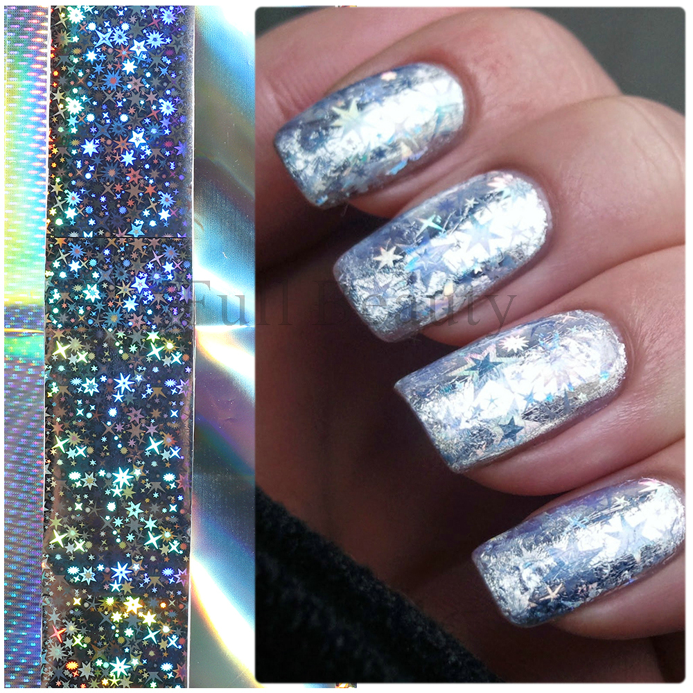 10Pcs Hologram Transfer Foil Nails Laser Stars Holographic Nail Stickers Mermaid Tail Sliders Metallic Gel Polish Wraps NLXKY01