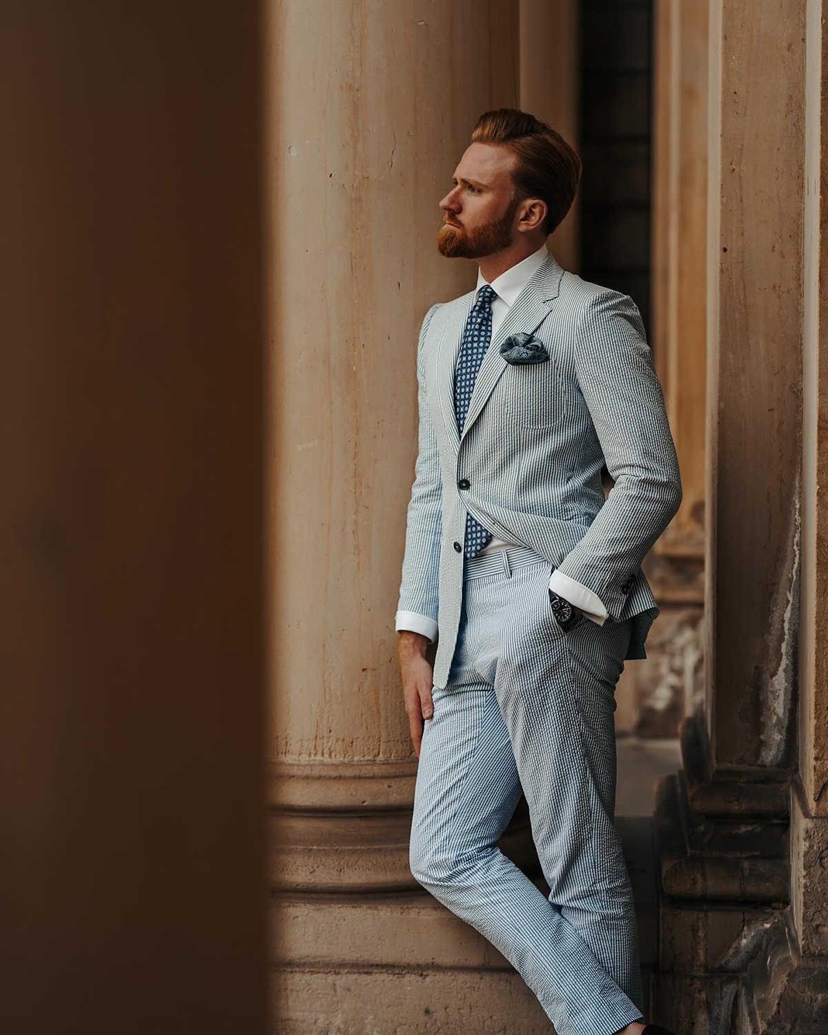 Pinstripe Linen Mens Wedding Tuxedos Notched Lapel Ceremony Groom Wear Party Birthday Pants Suits 2 Pieces