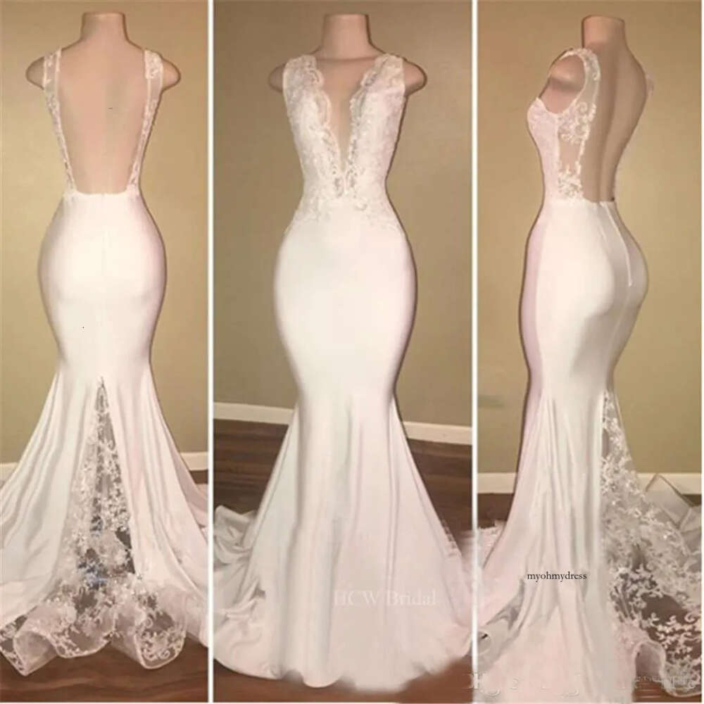 New White Mermaid Prom Long Formal Evening Dress Backless Deep V Neck Sweep Train Lace Sexy Arabic Dresses Custom Made 0521