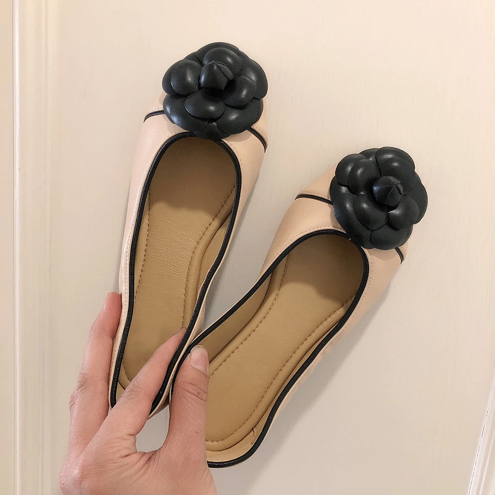 Ballet Flats Women Genuine Leather Soft Foldable Sweet new Camellia Flats Elegant Office Lady Work Shoes Slip-On 2025 Casual Shoes