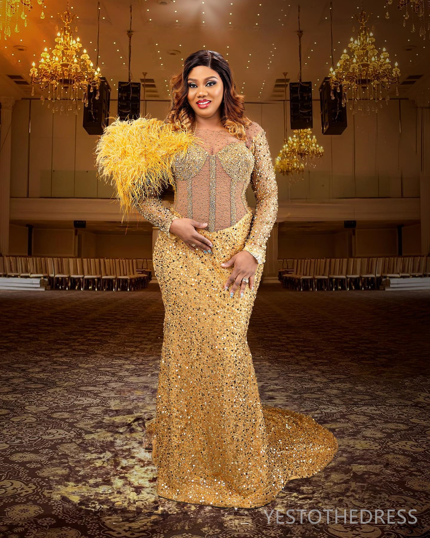 2024 Aso Ebi Gold Prom Dresses for Special Occasions Feathered Promdress for Black Women Long Sleeves Sequined Lace Beaded Luxury Birthday Reception G