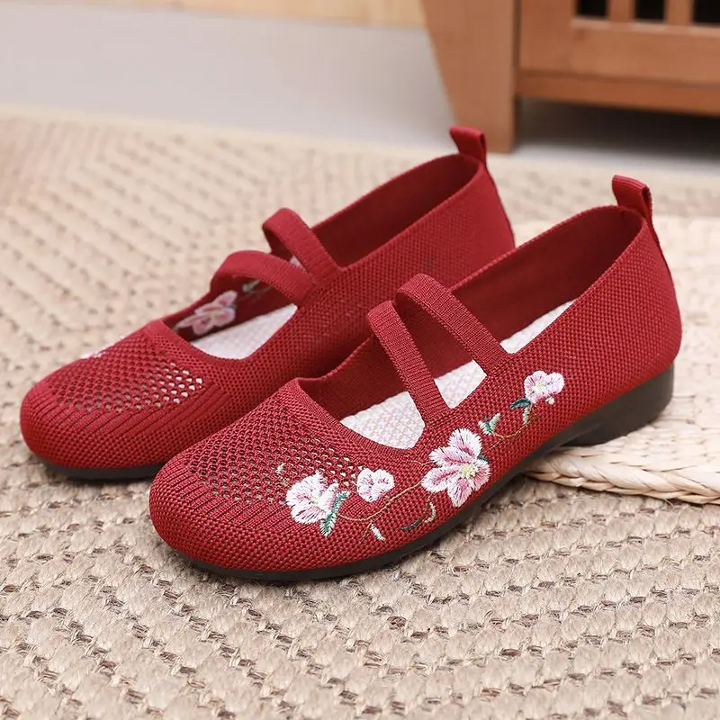 lilac summer flats mom new strapped shoes women's spring embroidered flower 2025 loafers ladies mary jane flat shoes ethnic ballet flats