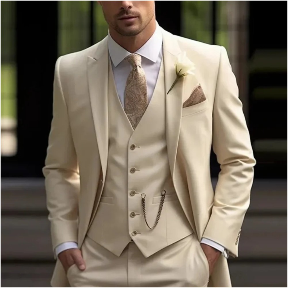 Classic 3 Pieces Mens Wedding Tuxedos Bespoke Groom Wear Notched Lapel 2 Button Trim Fit Men Suit Prom Party Blazer+Pants+Vest