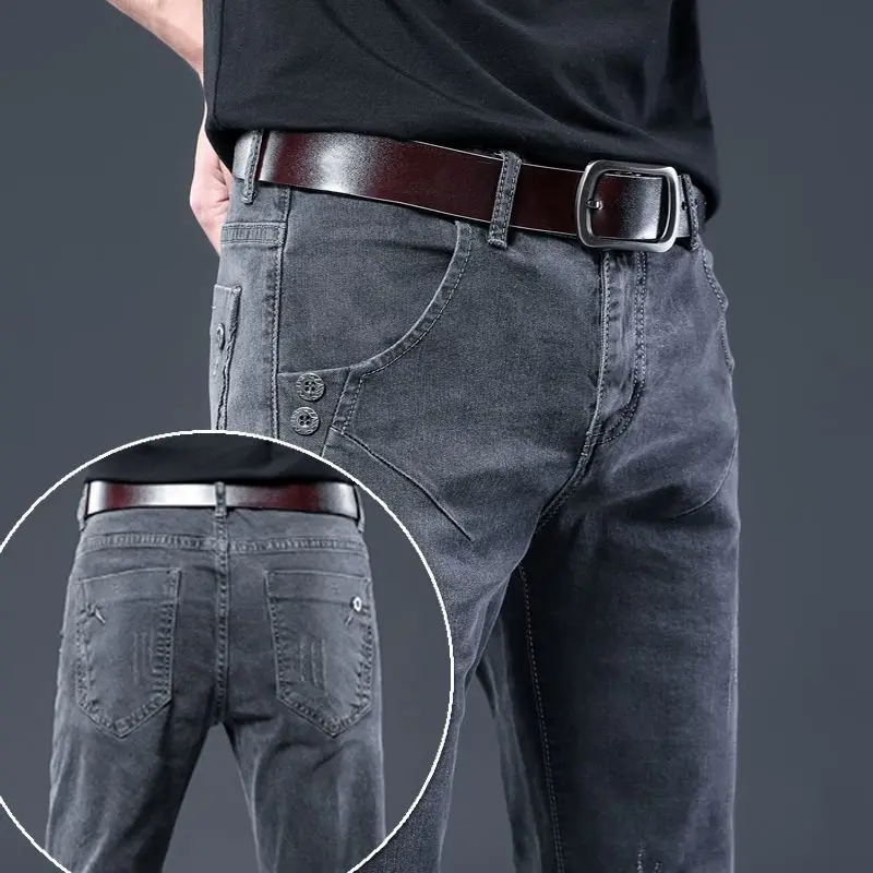Autumn Winter Brushed Cowboy Slim Designer Clothes new Male Korean Style Denim Skinny 2025 Plush Grey Jean Pants Trousers for Men