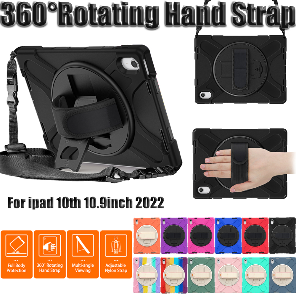 For iPad 10th Gen 10.9 inch Tablet Case 360 Rotating Stand Cover Shockproof Kid Safe PC + Silicon Hybrid Full Protection Cases with Hand Belt Shoulder