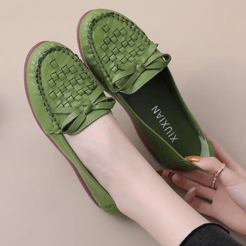 Genuine Leather weave style Women Shoes Ladies Round Toe Casual Comfort 2025 female soft sole Flats walking footwear new Spring Summer