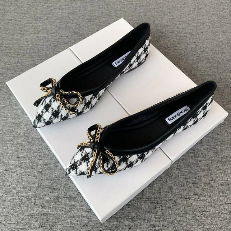 Pointed Flat Women's Shoes 2023 New Houndstooth Bow 2025 Ladies Shoes Comfortable and new Versatile Soft Bottom Four Seasons Work Shoes