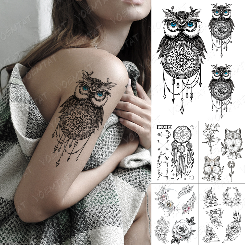 Waterproof Temporary Tattoo Sticker Owl Fox Feather Rose Flower Line Feather Body Art 3D Fake Tatto Men Women Transfer Tattoos