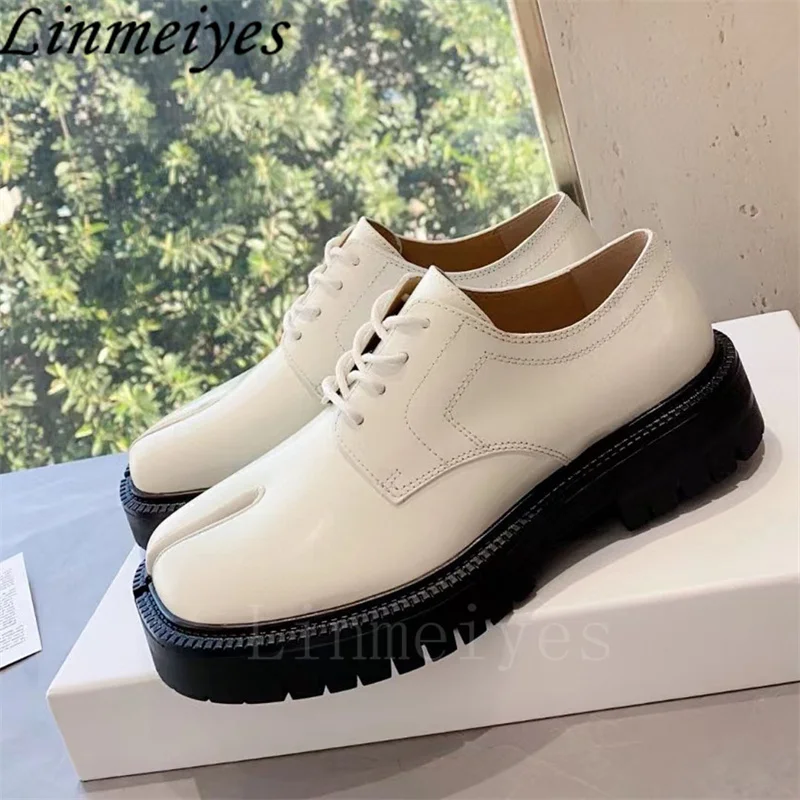 New Split Toe Shoes new Women Genuine Leather British Style Shoes Female Lace Up Casual 2025 Flat Derby Shoes Woman Zapatos De Mujer