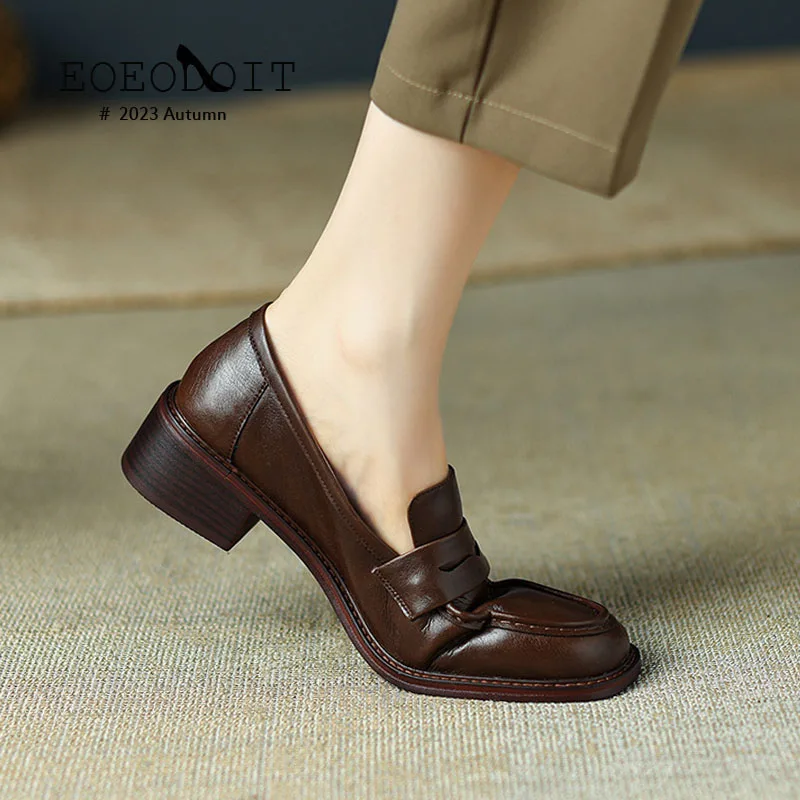 new 2025 3cm Leather Shoes Women Low Heels Pumps Autumn Square Toe Oxford Shoes Retro Heeled Loafers
