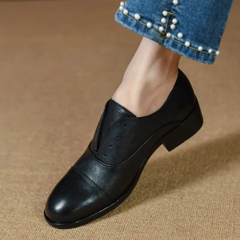 Vintage Round Toe Simple Shoes Ladies Cowhide Soft Leather Flats Low Heel Slip On Quality European OxfordsRetro Shoes For Women