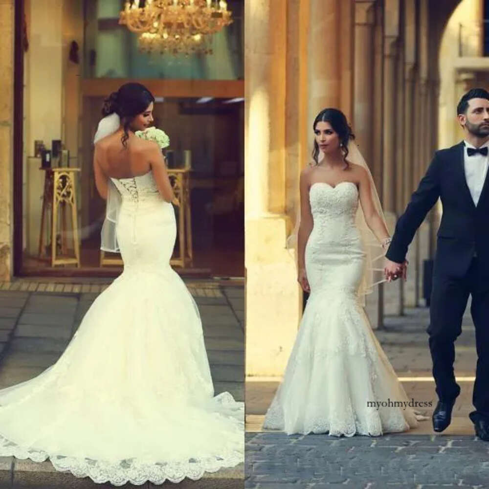 Sleeveless Lace Appliques Bridal Gowns Elegant Arabic Lace Mermaid Wedding Dress With Sweetheart Neckline Corset Back Vestido De Novia 0521