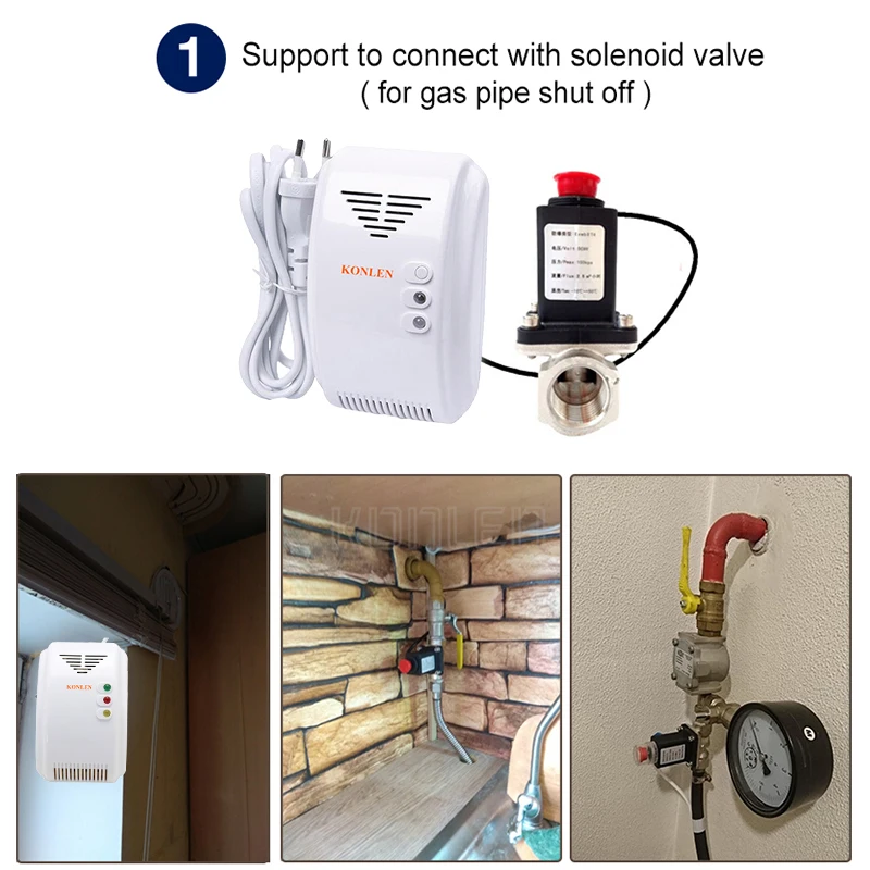 Natural LPG Gas Detector Methane CH4 Leak Alarm Sensor Shut Off Smart Solenoid Valve DN20 15 Automatic Control Home Fire Safety