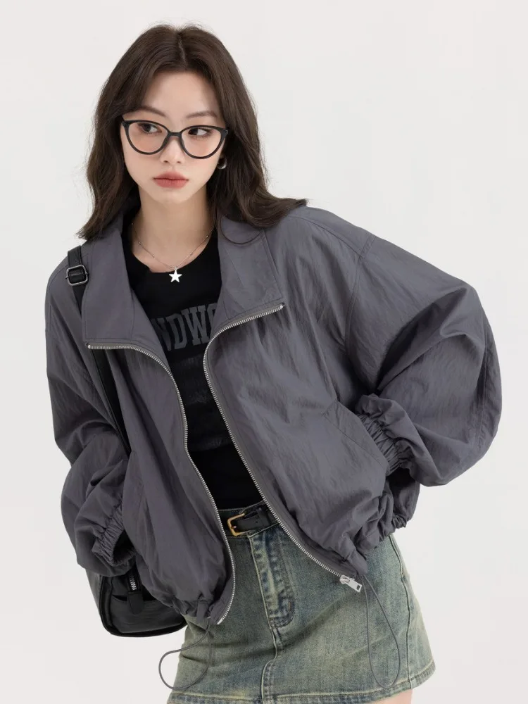 Deeptown Korean Y2K Dark Grey Jackets Women Gorpcore Windbreaker Crop Jacket Female Harajuku Korean Oversize Zip Up Outdoor Tops