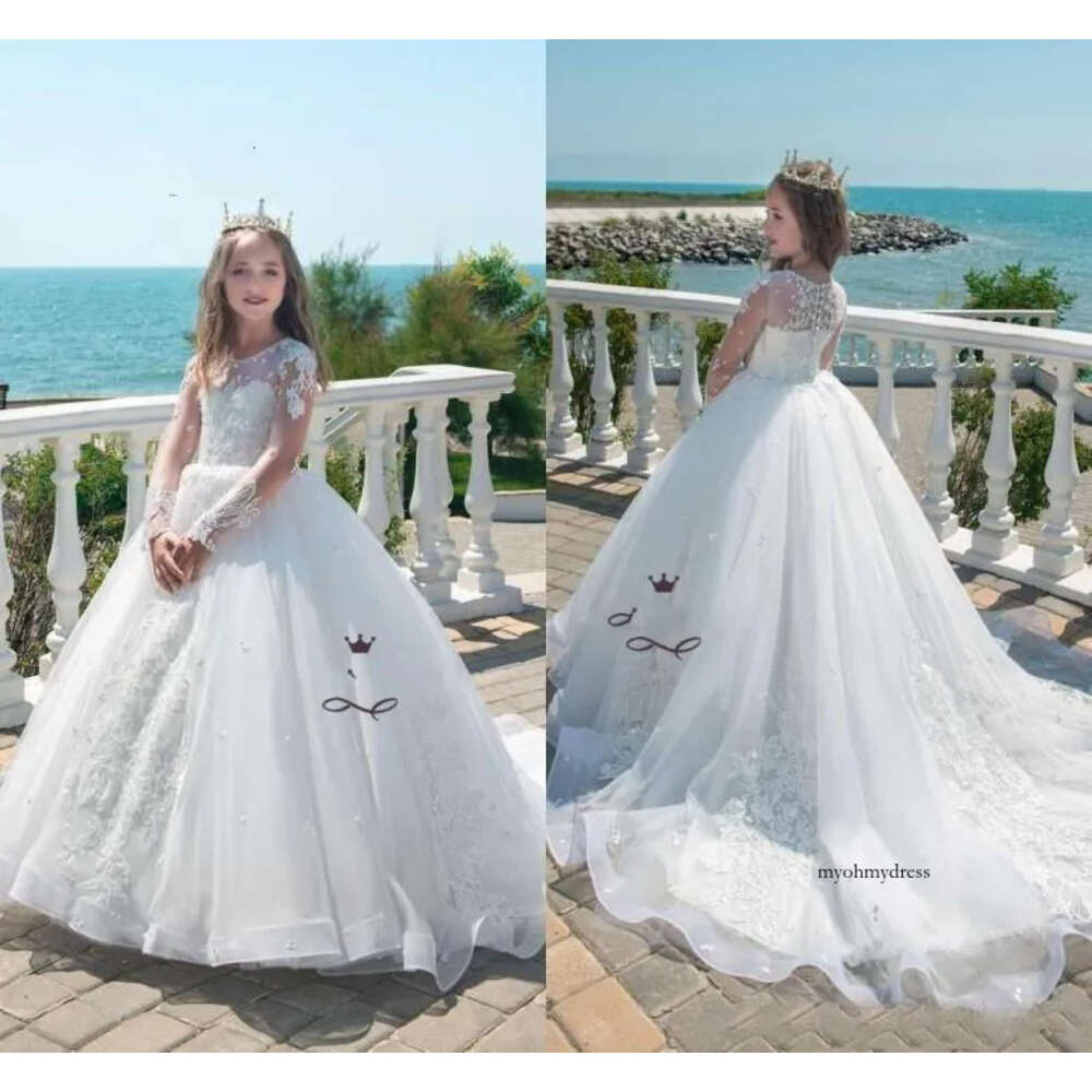 Beautiful Kids White Princess Wedding Dresses Lace Appliques Pearl Long Sleeves Girls Pageant Gown Tulle Flower Girl Dress 0521