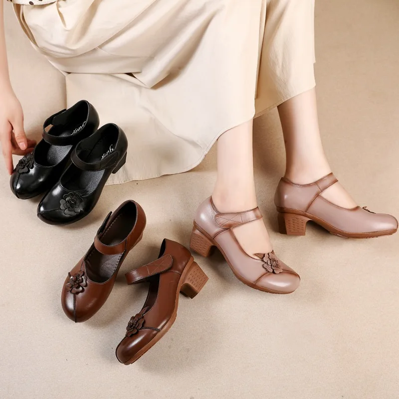 Concise Flower Pumps Women's Vintage Heels Ladies Genuine Leather Shoes Mary Jane Pumps Woman Coarse Heel Shoes Pumps Sandals