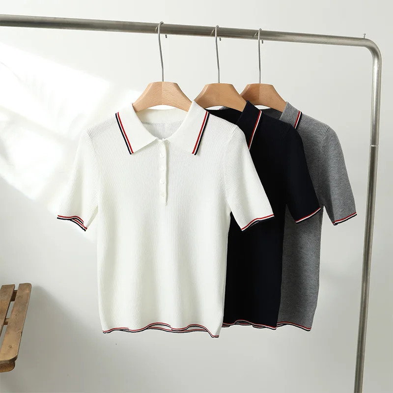 Womens Polo Collar Color Blocking Pullover T-shirt Wool Cotton Short-sleeved Tees Sweater Summer Fashion Knitted Bottoming Tops 240518
