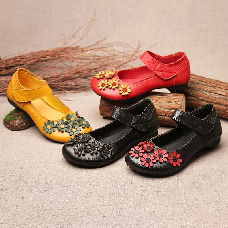 Red Genuine Leather Flats Women's Mary Jane Sandal Shoes new With Straps 2025 Ladies Hook Loop Vintage Shoes Women's Moccasins
