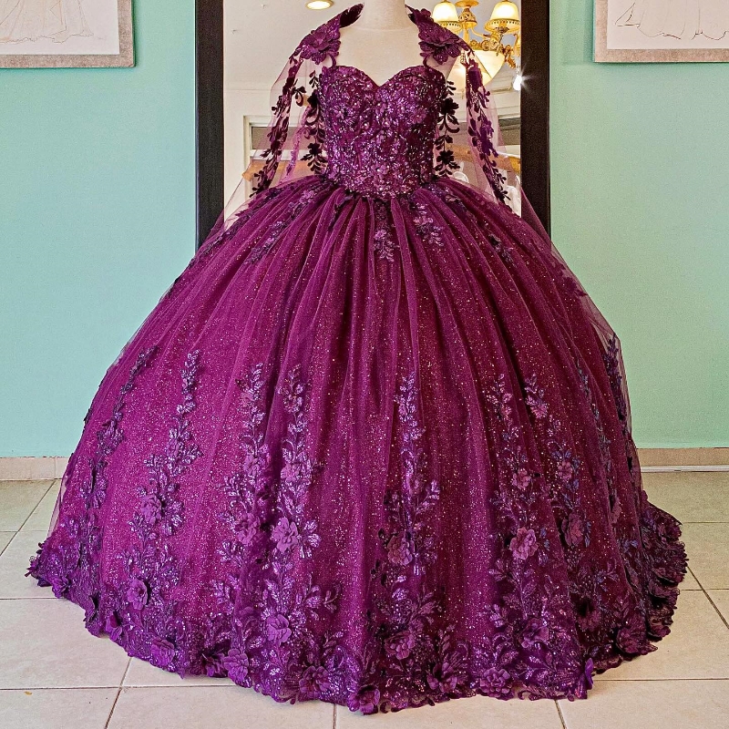 Purple Shiny Ball Gown Quinceanera Dresses Off The Shoulder Appliques Lace Flowers Beads With Cape Vestido De 15 Anos Sweet 16