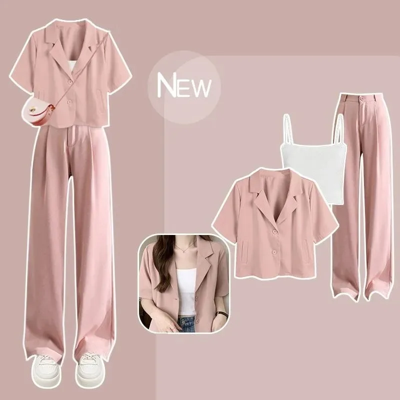 Women's 2025 Summer Suit 2023 New Chic Short Sleeved new Suit Coat+Sling+Pants Three Piece Korean Elegant Casual Blazer Matching Suit