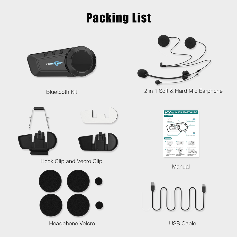 Freedconn Motorcycle Helmet Headset Stereo Bluetooth Intercom Hands Free 6 Riders 1000M Waterproof Music Share FM Speaker