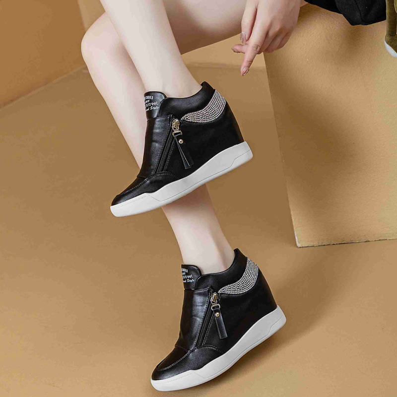 High Top Women Sneakers Hidden Heel Casual Shoes Side Zip Women White Platform Bling Dimond Wedge Rivet Shoes
