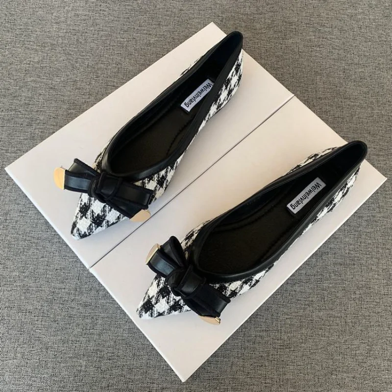 Pointed Flat Women's Shoes 2023 New Houndstooth Bow 2025 Ladies Shoes Comfortable and new Versatile Soft Bottom Four Seasons Work Shoes