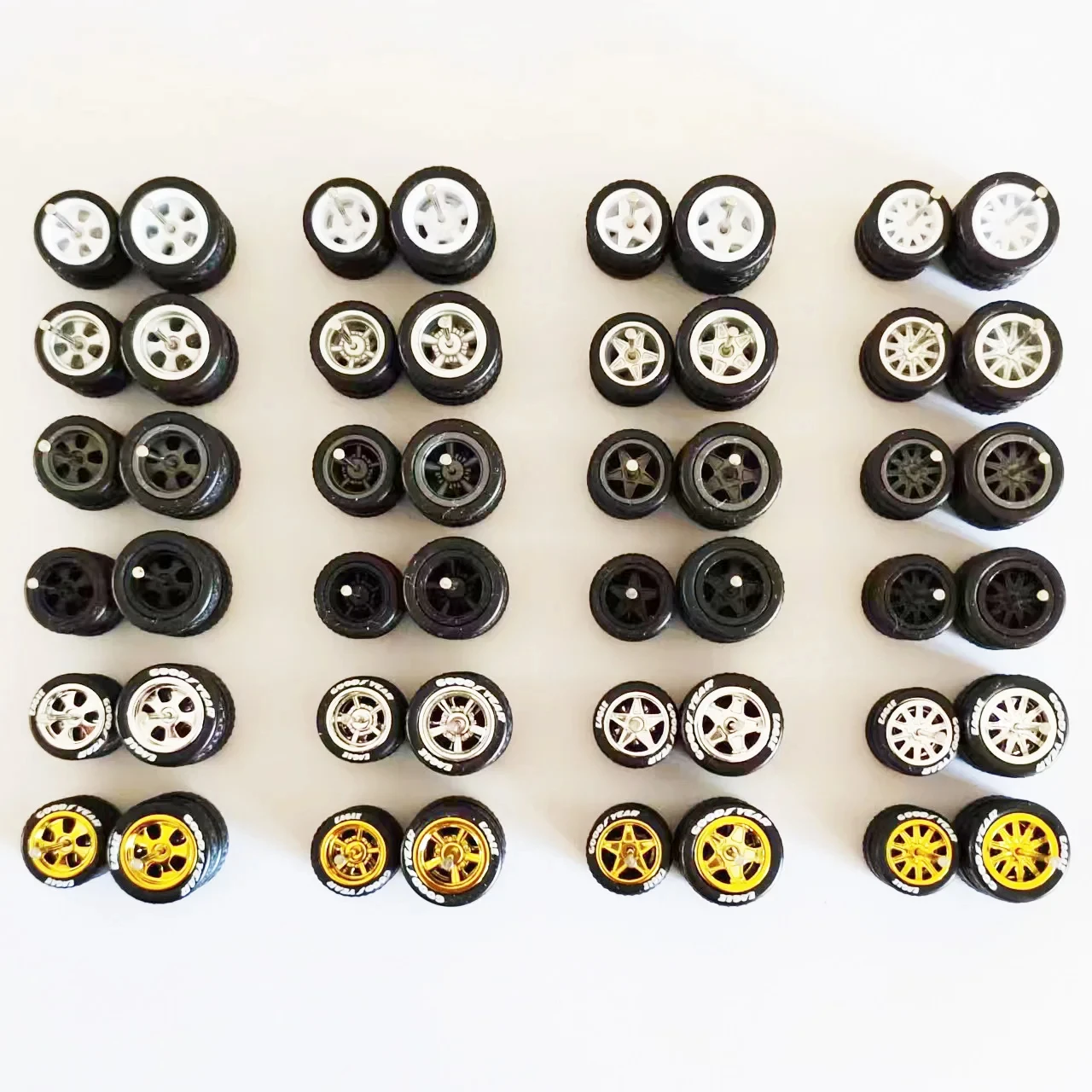 10 Sets 1/64 Staggered Wheels 11mm 13mm Drag Progressive Wheel Front Small Rear Large Rims Rubber Tires for 1:64 Model Cars HW