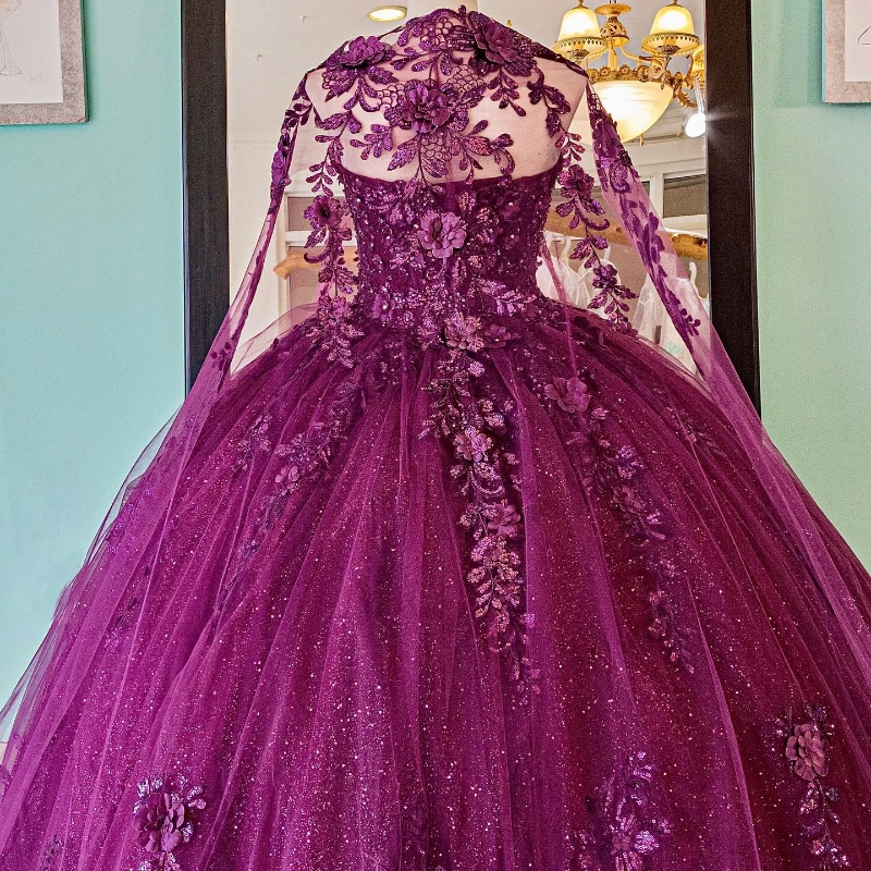 Purple Shiny Ball Gown Quinceanera Dresses Off The Shoulder Appliques Lace Flowers Beads With Cape Vestido De 15 Anos Sweet 16