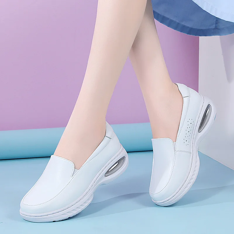 Summer Genuine Leather Women's Shoes Nurse Swing Work All Single Star Wedges Women's Shoes Black White Platform Womens Shoes