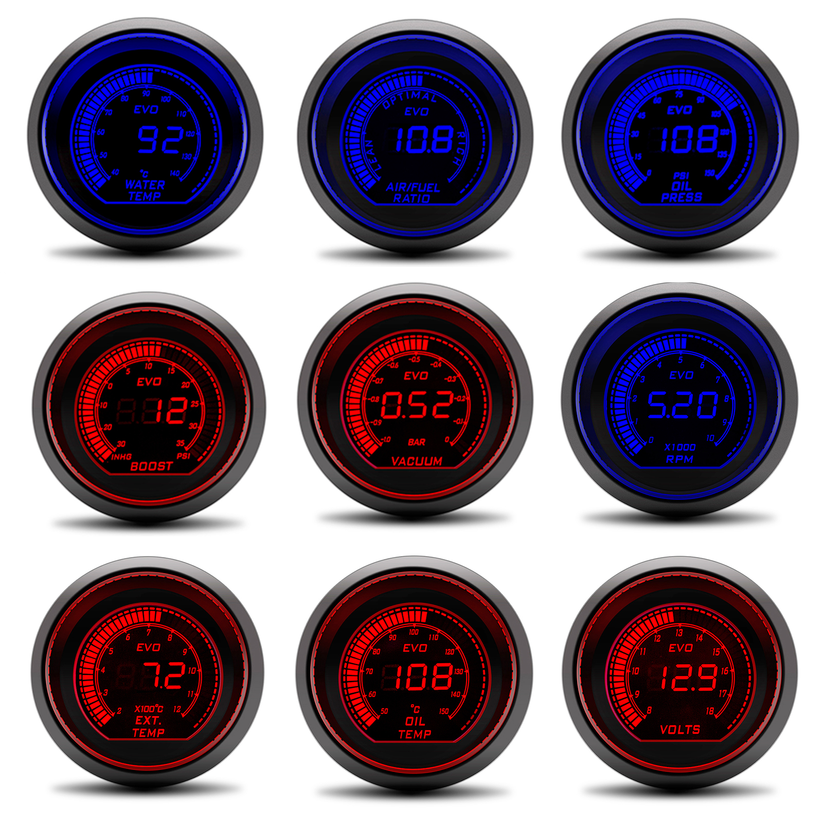 AD 2" 52mm Red&Blue Dual Led 12V Car Gauge Boost/Water Temp/Oil Temp/Oil press/Volt/Tachometer/Vacuum/Air fuel ratio/EGT Gauge