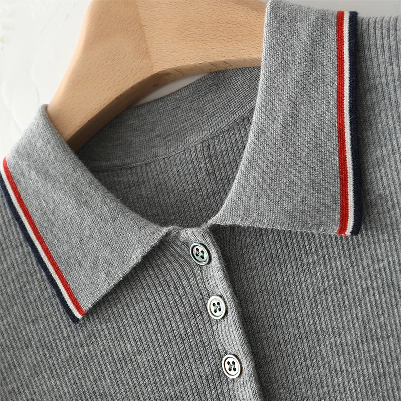 Womens Polo Collar Color Blocking Pullover T-shirt Wool Cotton Short-sleeved Tees Sweater Summer Fashion Knitted Bottoming Tops 240518