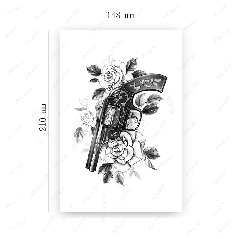 Black Gun Vine Pattern Tattoos Sticker for Men Women Arm Legs Art Waterproof Temporary Tattoos Fake Rose Flowers Leaves Tatoos