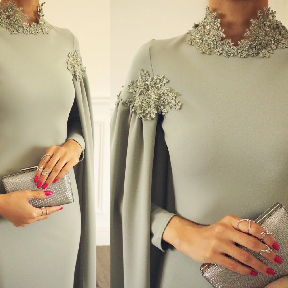 Arabic High Neck Satin Women Muslim Evening Dresses Prom Lace Beaded Elegant Long Sleeve Formal Evening Gown