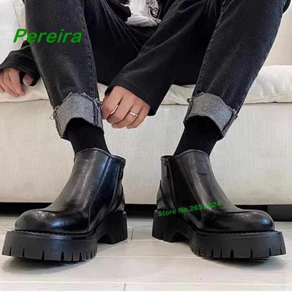 Chelsea Boots Men's English Style Casual Versatile Leather Pumps Side Zipper Sleeve Short Booties Black Round Toe Shoes Size 44