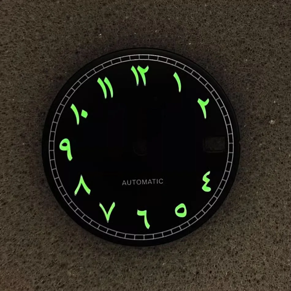 NH35 Dial 28.5mm Watch Accessories Arabic Numerals Dial S Dial Green Luminous Watch Dial Fits for NH35/NH36Movement