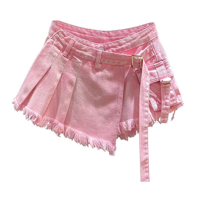 Irregular Pink Denim Skirt Womens Summer High Waist Slimming False TwoPiece A Line Workwear Short Mini Skirts 240518