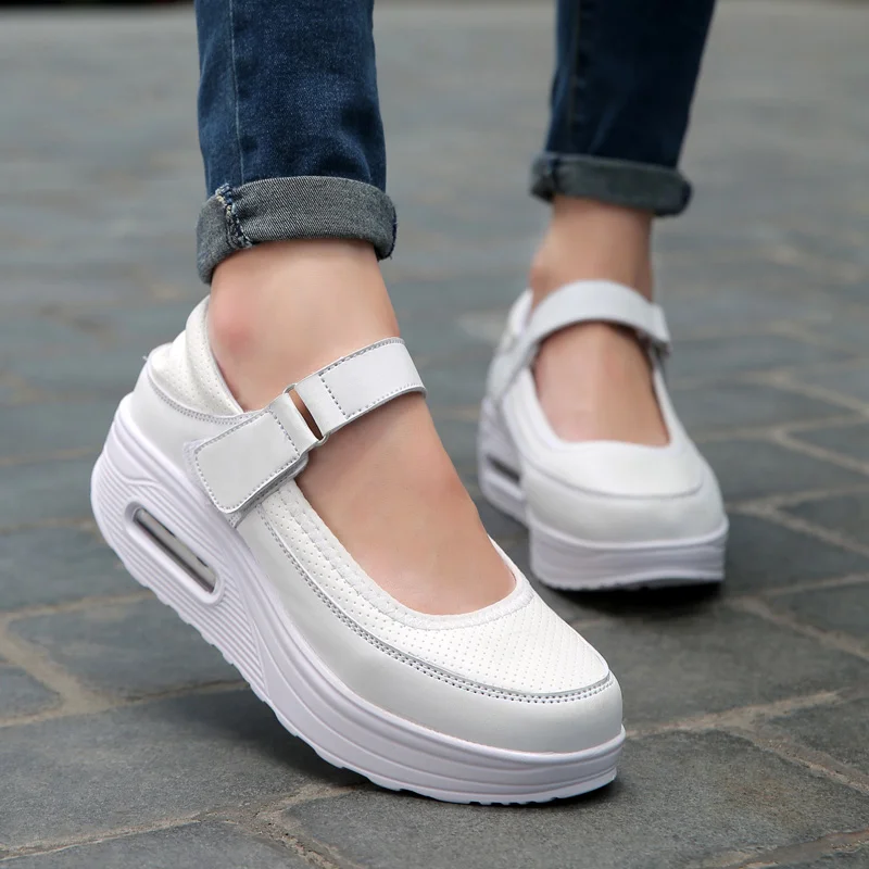 Nurse Shoes 2024 Spring Autumn Air Cushioned Women's Shoes Rocking White Platform Hook&Loop Breathable Platform Shoes