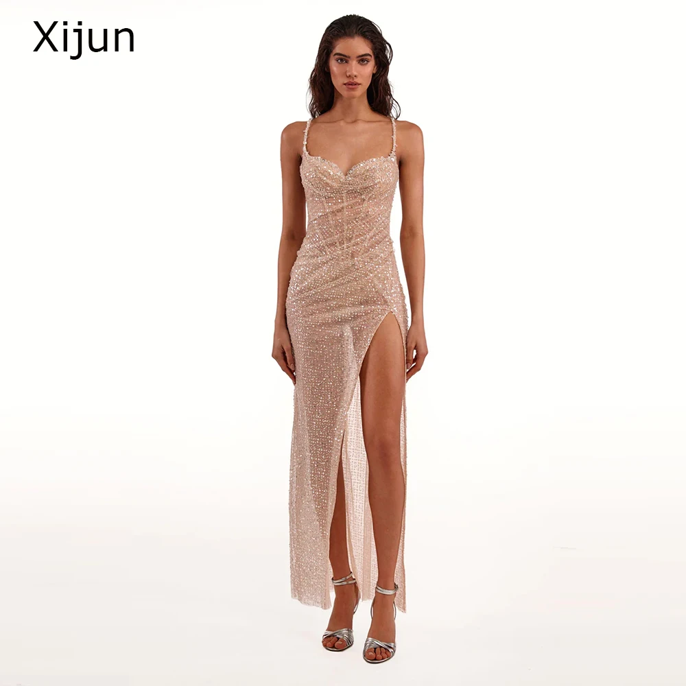 Xijun Glitter Sequined Evening Dresses Sexy Mermaid Slit Prom Dresses Spaghetti Strap Formal Prom Gowns Sweetheart Party Gowns