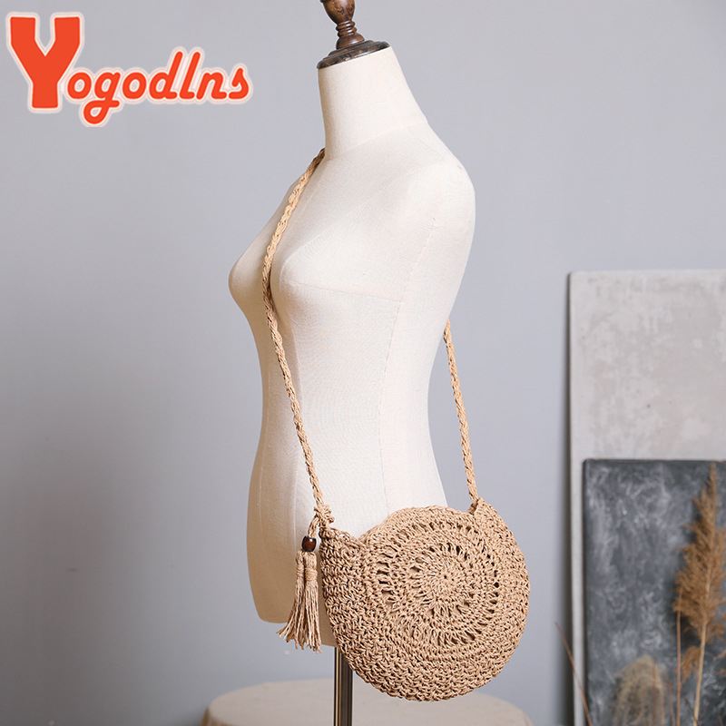 Yogodlns Round Soft Paper Rope Shoulder Bag Tassel Summer Beach Handmade Crossbody Bags Women Hollow Straw Bag Circle Rattan Bag