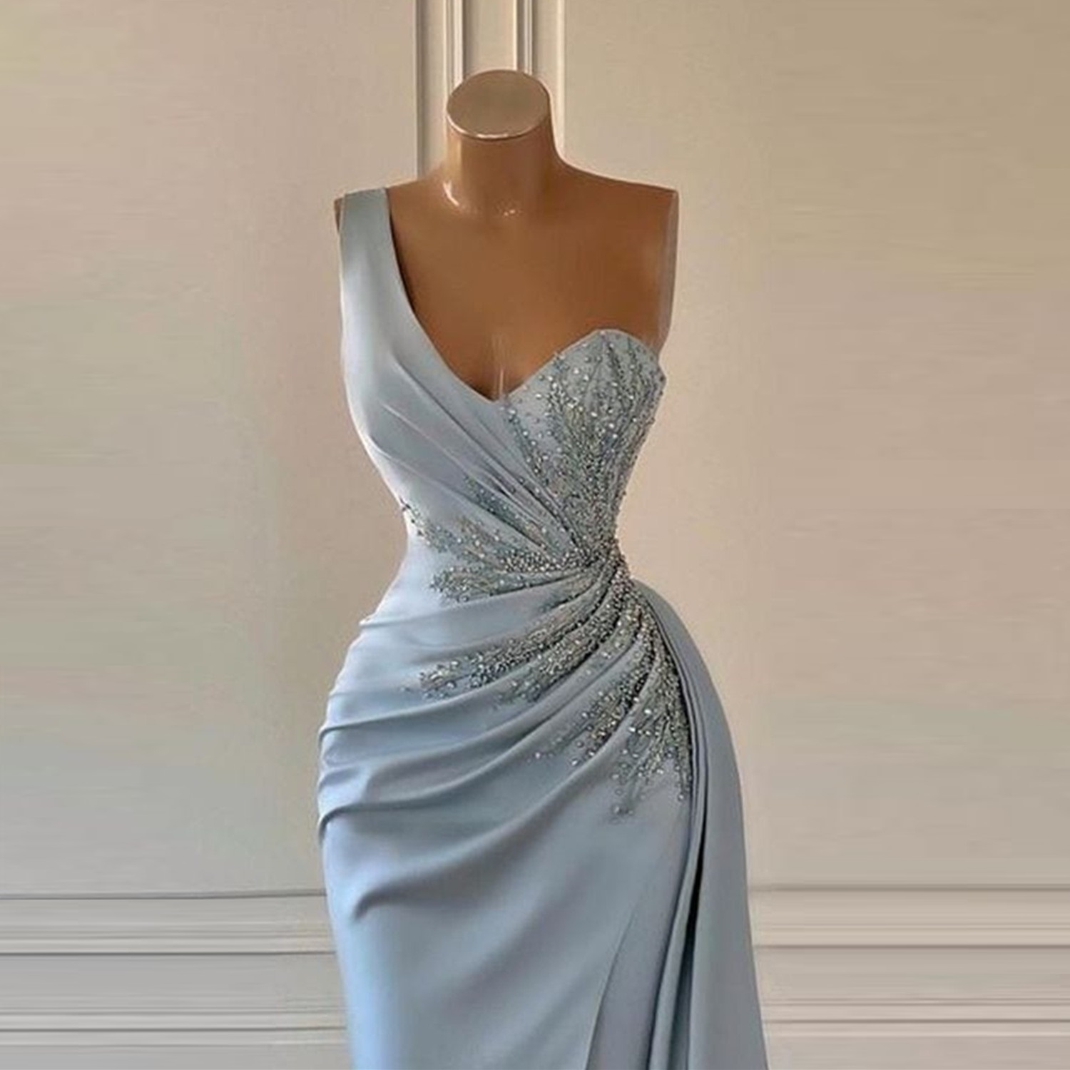 Mermaid Light Blue Evening Dresses 2024 One Shoulder High Split Glitter Party Prom Gowns Custom Made