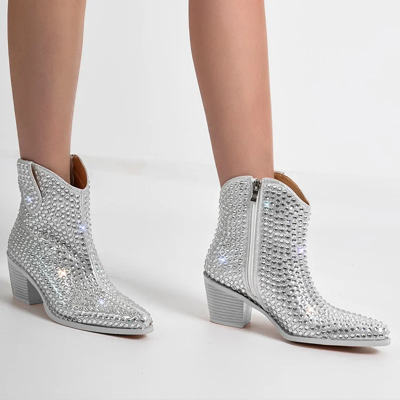 Onlymaker Pointed Toe Rhinestone Ankle Boots Glitter Bling Shiny Super Pretty Gorgeous Artificial Diamond Westen Cowgirl Boots