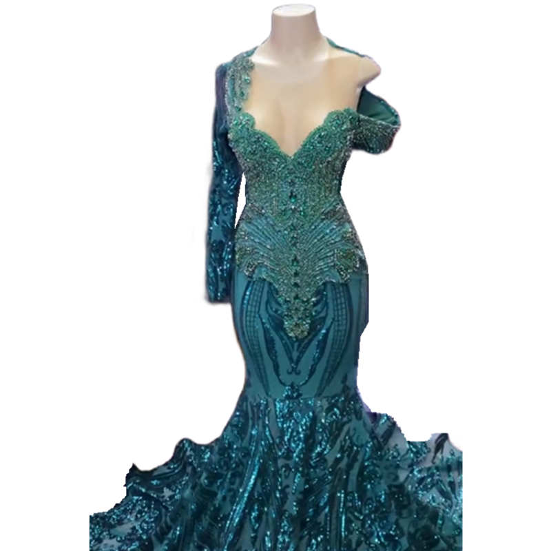 Sequined Sparkly Green Mermaid Prom Dresses Crystals Beaded Luxurious Evening Gowns One Shoulder Long Sleeve Sexy Pageant Birthday Party Dress For Wom