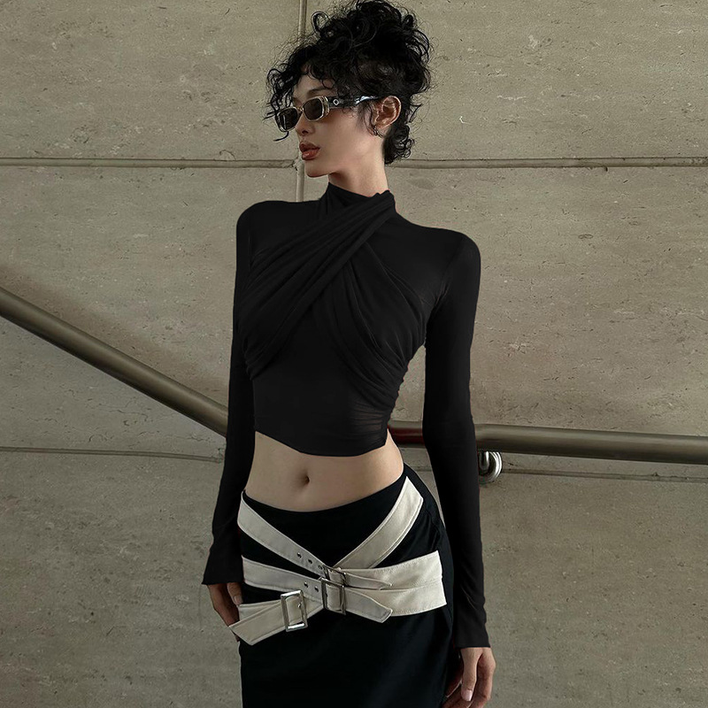 Women's T Shirts Mesh See Through Shirt Women Cross Strap Slim Crop Top Short Sleeve Aesthetic Clothes Purple Solid Streetwear Ropa De Mujer
